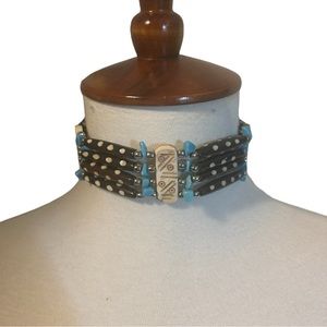 Choker Necklace Bone Hairpipe Carved Beads Faux Turquoise 4 Strands Polkadot